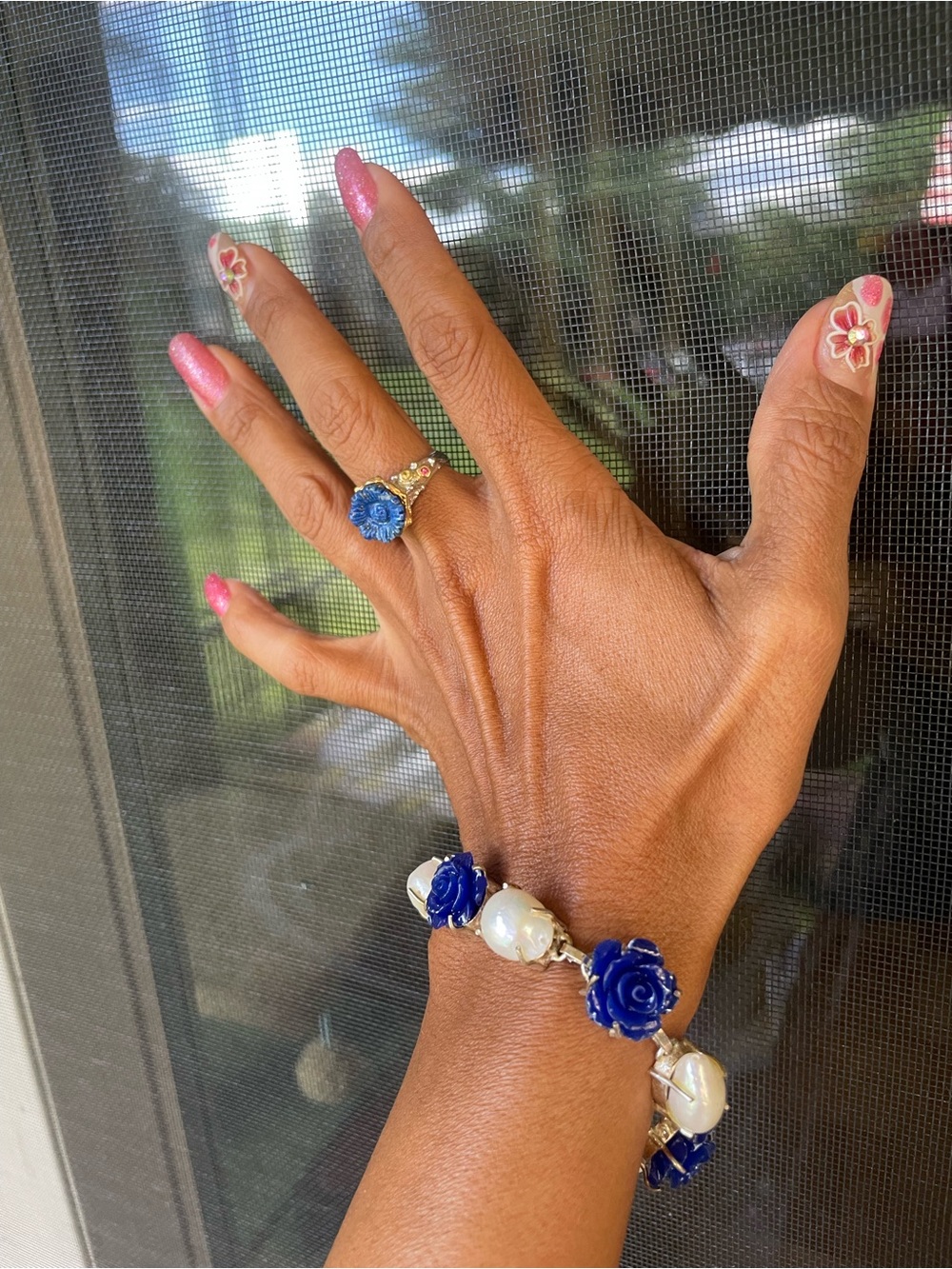 Sterling Silver 925 stamp Blue Rose Resin Bracelet and Ring Set - Women Jewelry